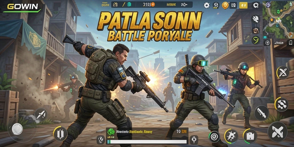 Screenshot utama GOWIN menampilkan aksi pertempuran seru di medan Battle Royale.