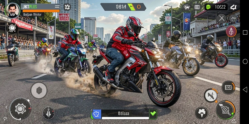 Screenshot JKTPLUS menampilkan aksi balapan motor yang mendebarkan.