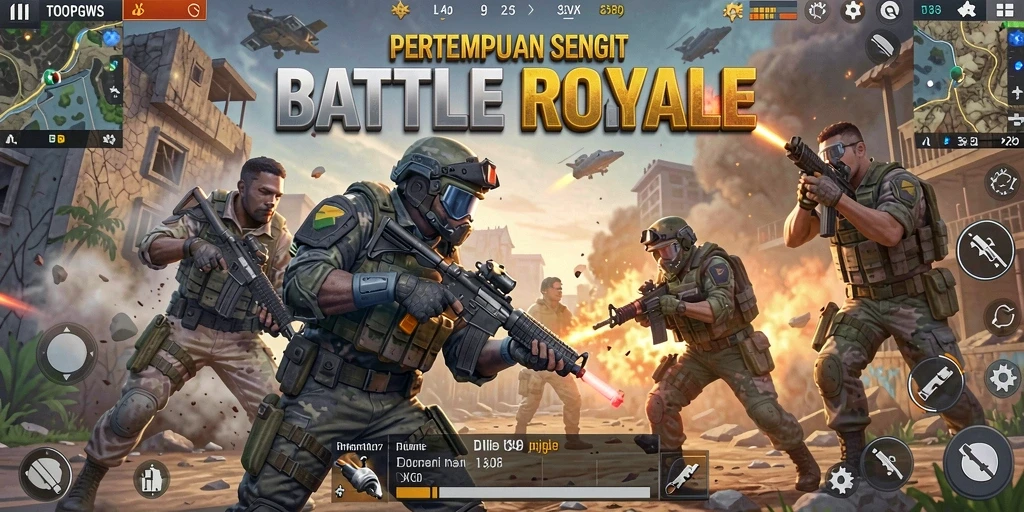 Tangkapan layar dari TOOPGWS menunjukkan aksi pertempuran Battle Royale yang intens.